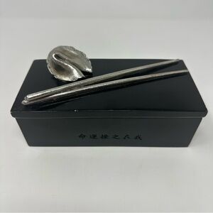 Decorative Chinese Trinket Box Case Black Silver Chopsticks Fortune Cookie Heavy